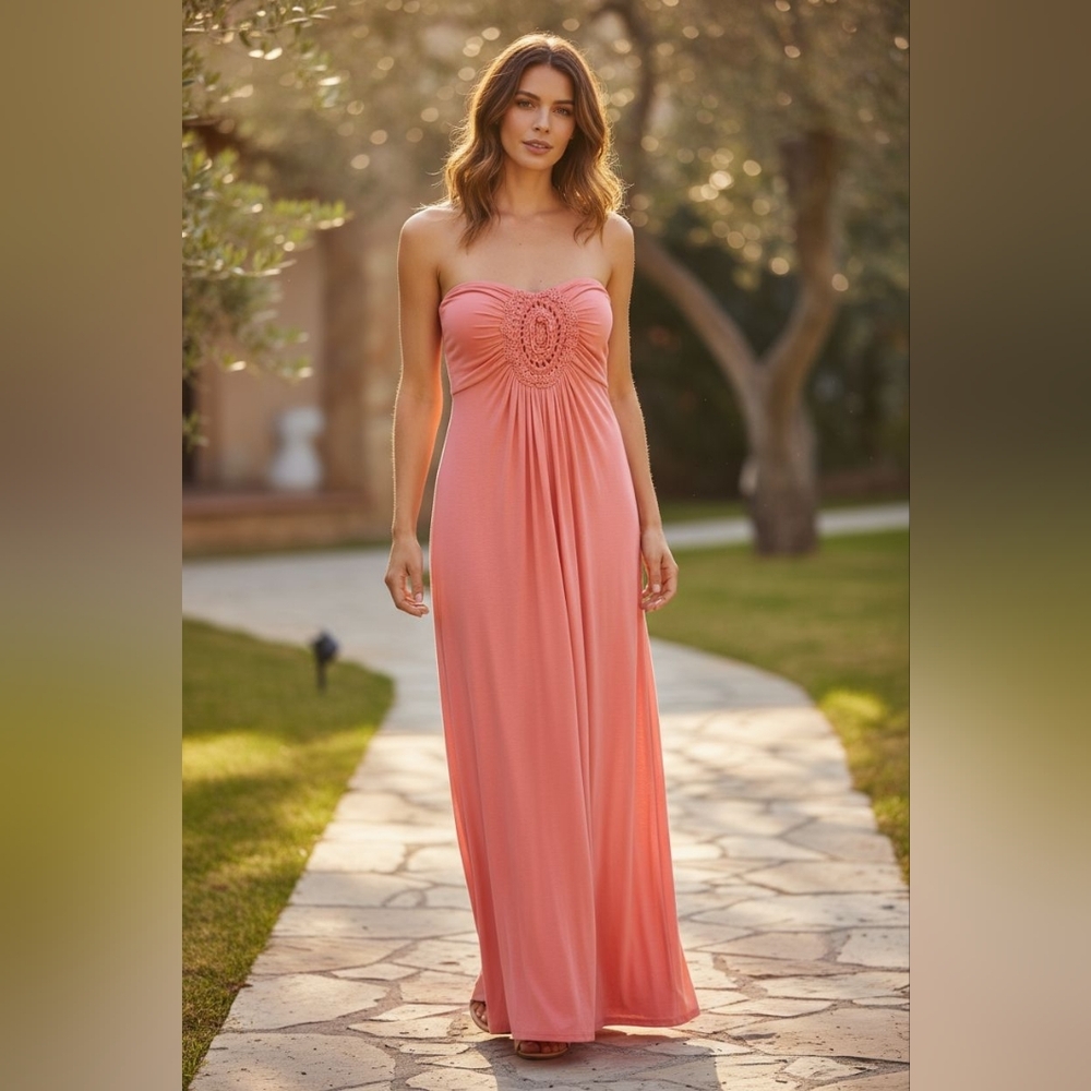 Sky Strapless Coral Maxi Dress with Crochet Medallion